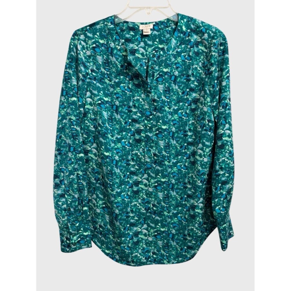 J. Crew Half-Button Front Plaquet Blouse Women's XS Blue Green Abstract Print